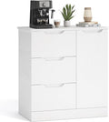 Schmales modernes weisse Sideboard-Kommode mit drei Schubladen, einer Tuer und verstellbaren Einlegeboeden, universell fuer Wohn- und Schlafbereiche 80 cm Breite