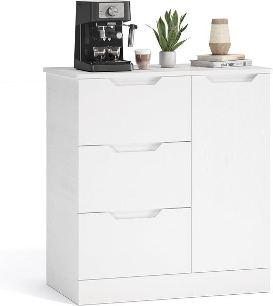 Schmales modernes weisse Sideboard-Kommode mit drei Schubladen, einer Tuer und verstellbaren Einlegeboeden, universell fuer Wohn- und Schlafbereiche 80 cm Breite
