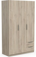 Grauer Eiche-Optik Kleiderschrank aus Holzwerkstoff mit drei Tueren, zwei Schubladen und vier Aufbewahrungsfaechern, geraeumiges Garderobenmoebel 119,4 x 51,1 x 203 cm