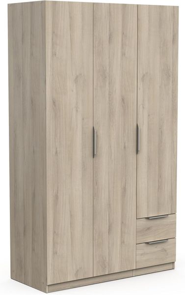 Grauer Eiche-Optik Kleiderschrank aus Holzwerkstoff mit drei Tueren, zwei Schubladen und vier Aufbewahrungsfaechern, geraeumiges Garderobenmoebel 119,4 x 51,1 x 203 cm