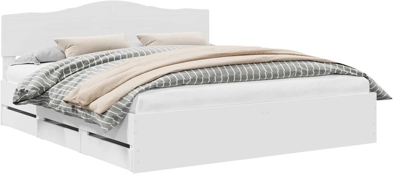 Schlichter moderner weisser Bettrahmen aus Ingenieurholz mit integrierten Stauraumschubladen, robustes rechteckiges Doppelbett-Gestell 180 x 200 cm