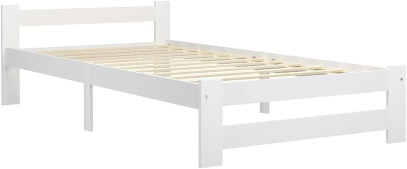 Hochwertiges weisses Einzel-Holzbett aus massivem Kiefernholz, stabiles Bettgestell mit integriertem Lattenrost fuer Schlafraeume 90 x 200 cm