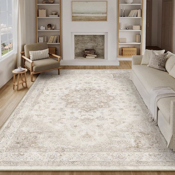 Waschbarer vintage-beiger Wohnzimmerteppich mit edler Optik, grossflaechige Bodenauflage 200 x 300 cm