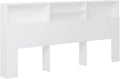 Weisses Bettkopfteil mit integriertem Buecherregal und vier Aufbewahrungsfaechern, praktisches Schlafzimmermoebel aus robustem Holzwerkstoff 220 x 19 x 103,5 cm