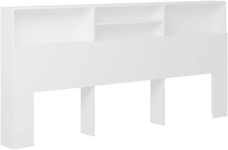 Weisses Bettkopfteil mit integriertem Buecherregal und vier Aufbewahrungsfaechern, praktisches Schlafzimmermoebel aus robustem Holzwerkstoff 220 x 19 x 103,5 cm