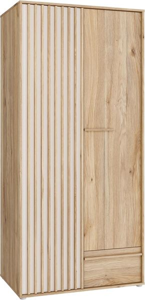 Skandinavischer Stil Kleiderschrank in Mauvella-Eiche und Kaschmir-Beige, zweitueriges Design mit Lamellendetails und einer Schublade fuer Jugendzimmer 93,1 x 200,1 x 58,7 cm