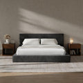 Schwarzes geraeuschfreies Familien-Doppelbett mit 5 cm dicker Schaumpolsterung am Kopfteil, modernes Polsterbett ohne Boxspring 180 x 200 cm
