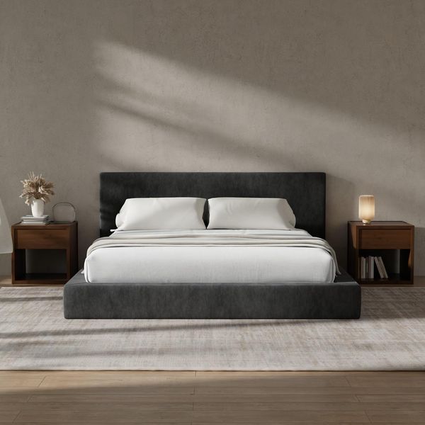 Schwarzes geraeuschfreies Familien-Doppelbett mit 5 cm dicker Schaumpolsterung am Kopfteil, modernes Polsterbett ohne Boxspring 180 x 200 cm