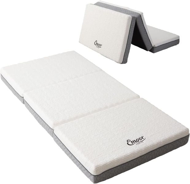 Premium dreifach faltbare Futonmatratze in Weiss-Grau, extra dicke dreilagige Urethanschaumpolsterung mit abnehmbarem Bezug 65 x 180 cm