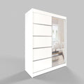 120 cm breiter weisser Modern-Kleiderschrank mit zwei Schiebetueren, Spiegel und Kleiderstange, geraeumiges Aufbewahrungsmoebel fuer Schlafraeume