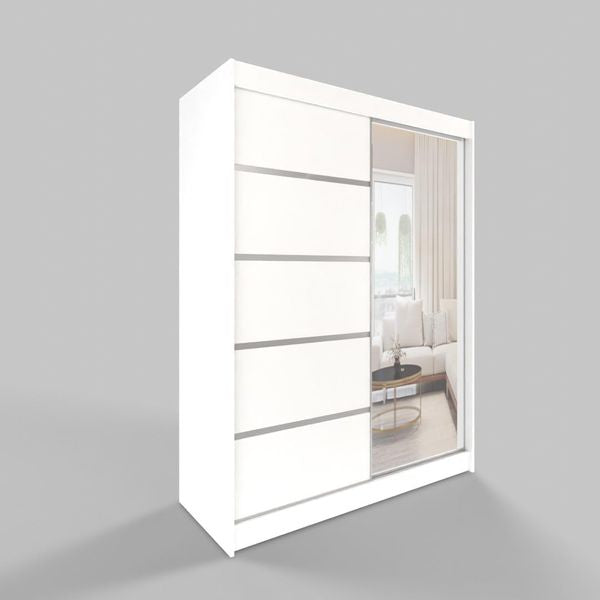 120 cm breiter weisser Modern-Kleiderschrank mit zwei Schiebetueren, Spiegel und Kleiderstange, geraeumiges Aufbewahrungsmoebel fuer Schlafraeume