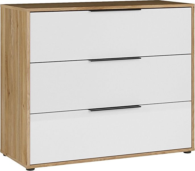 100 cm breite moderne Aufbewahrungskommode in Weiss-Mauvella-Eiche Dekor aus Holzwerkstoff, mit drei geraeumigen Schubladen 97,9 x 81,7 x 41,4 cm
