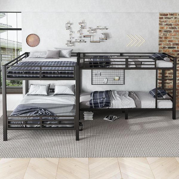 Stabiles schwarzes Eisen-Etagenbett mit dreistufiger Aufstiegsleiter und durchgehendem Lattenrost, flexible Mehrbettkonfiguration in 90 x 200 cm und 140 x 200 cm
