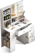 90 cm breiter weisser Modern-Kosmetiktisch mit dimmbarem LED-Spiegel (3 Farben), vier Schubladen, zweistufigem Seitenschrank und edlen Kristallgriffen