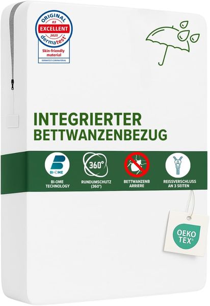 Milbenfester Schutzbezug fuer Matratzen, komplette Einhausung mit Reissverschluss, passend fuer Masse 90 x 190 x 25 cm